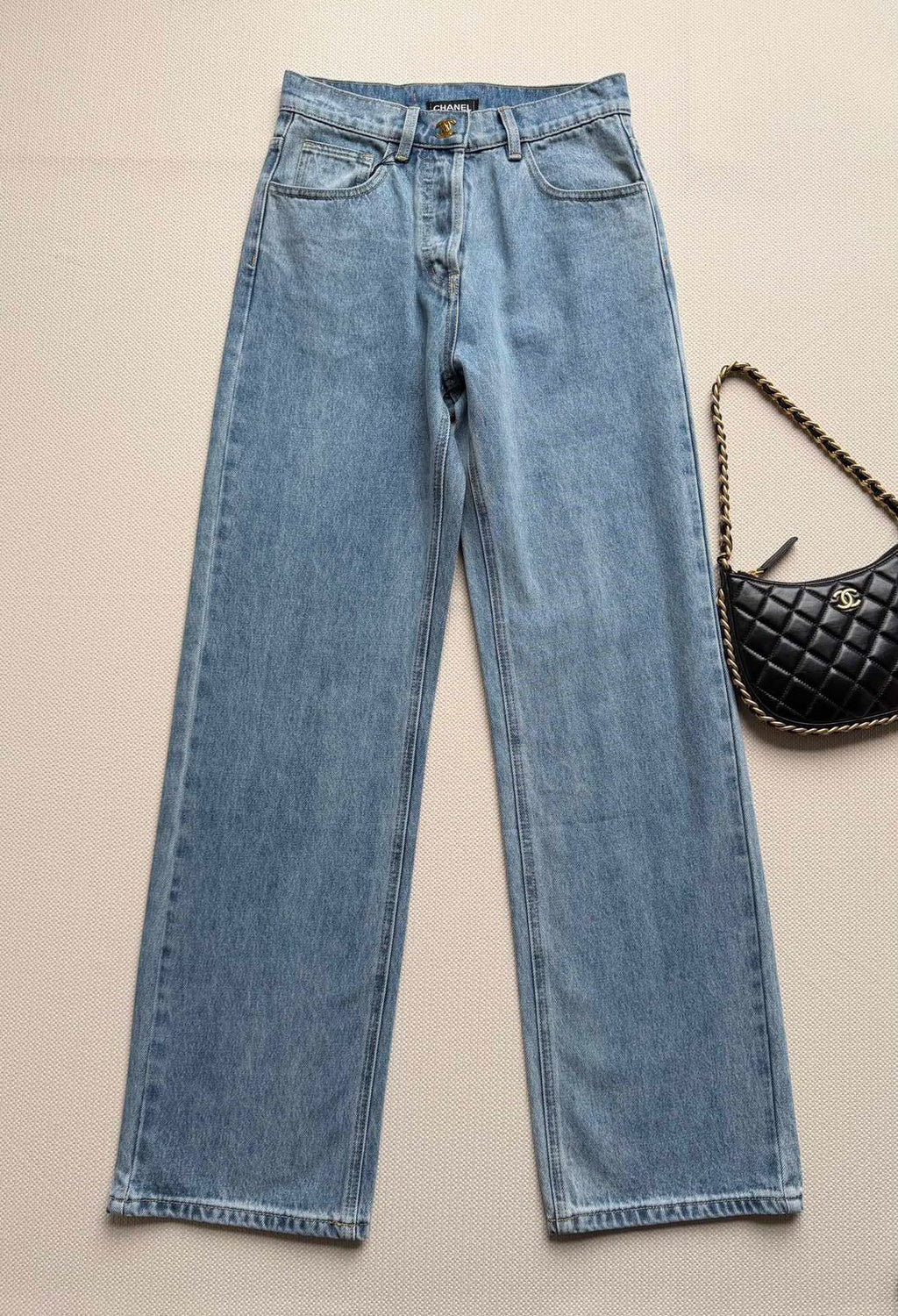 Chanel Light Wash High-Waisted Straight-Leg Denim Jeans with CC