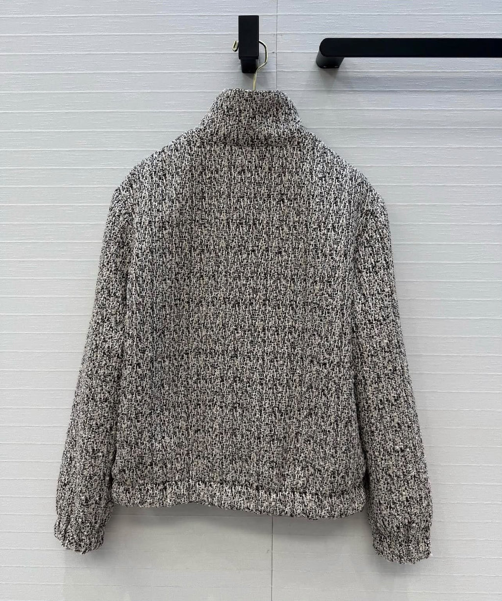 Loro Piana Bouclé Tweed Zip-Up High-Neck Bomber Jacket