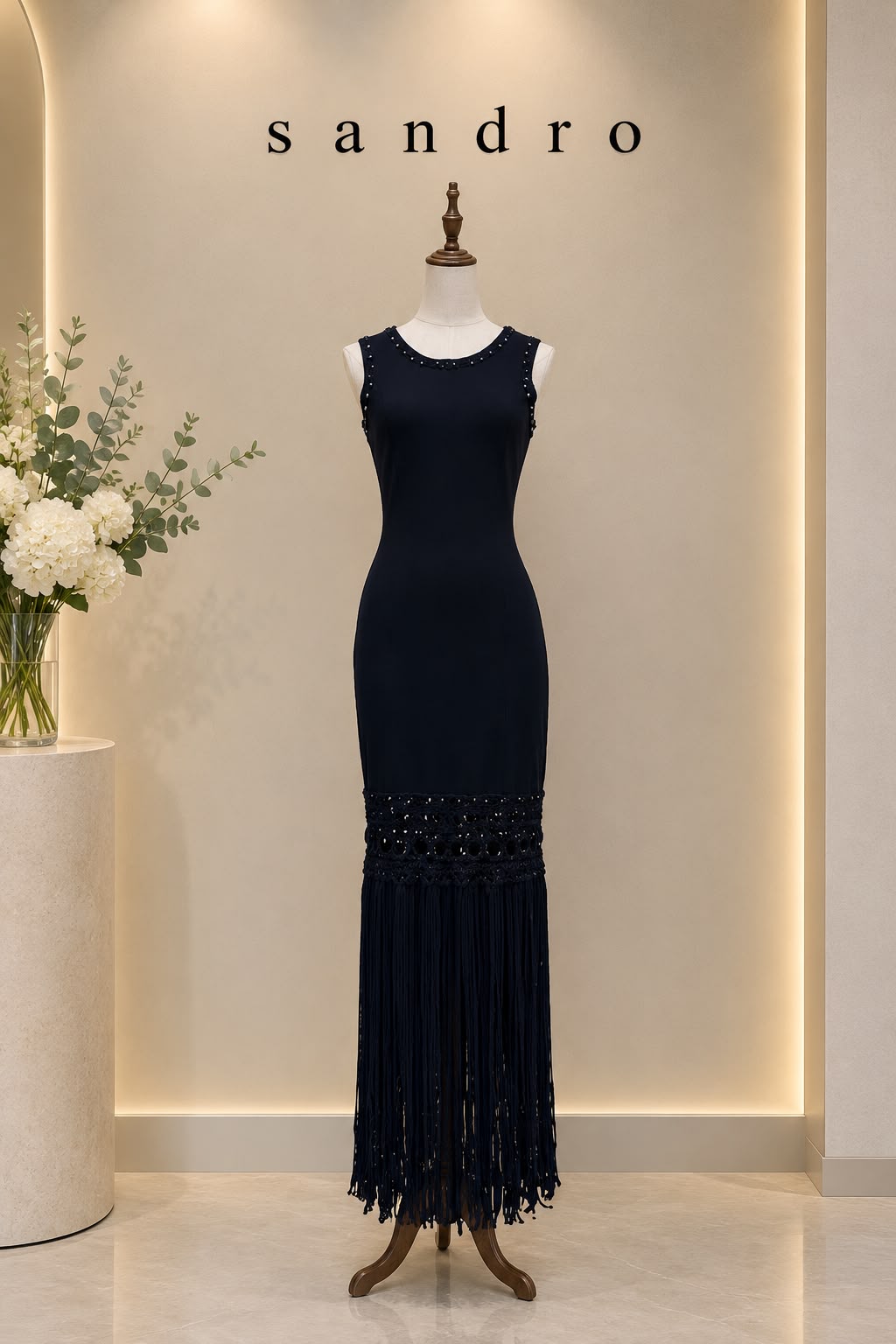 Sandro Sleeveless Openwork Cutout Fringe Hem Knit Maxi Dress Collection