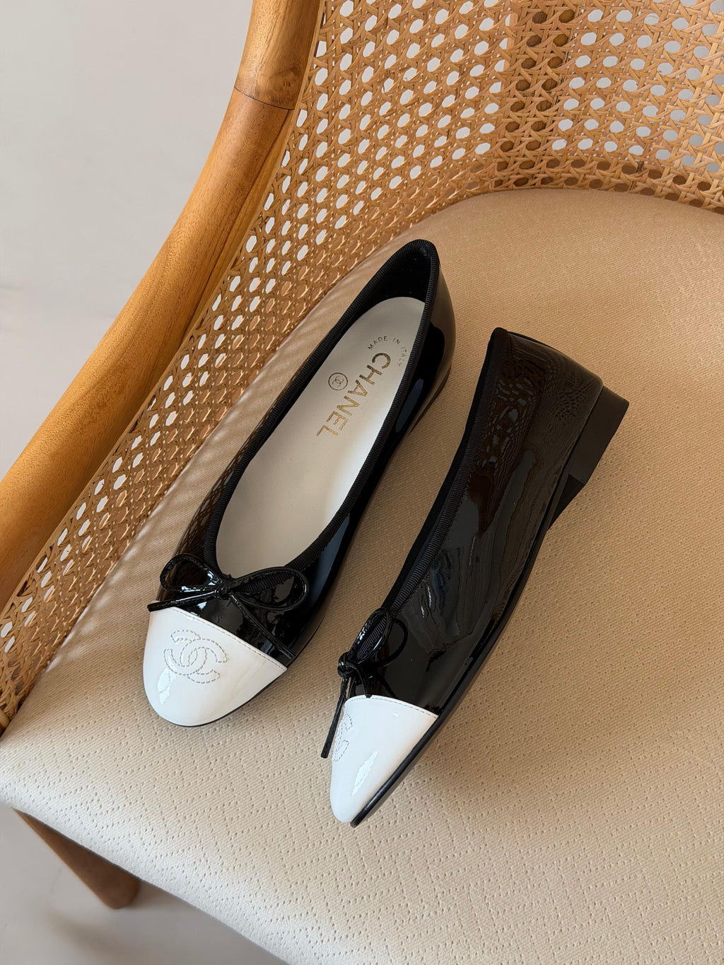 Chanel Two-Tone Patent Leather Ballet Flats with Bow & CC Logo