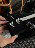 Chanel White Bow Crystal CC Drop Earrings