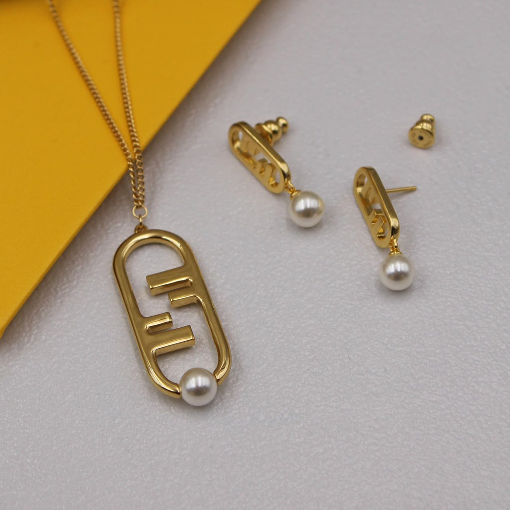 Fendi FF Pearl Necklace & Earrings Set