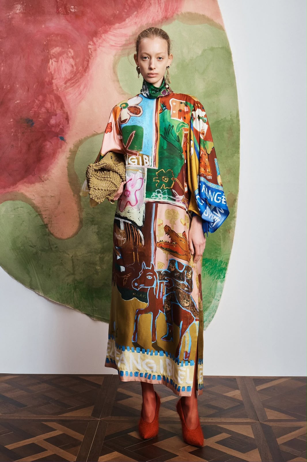 Alémais Multi-Color Scenic Print Silk Maxi Dress with Mock Neck and Tie Belt