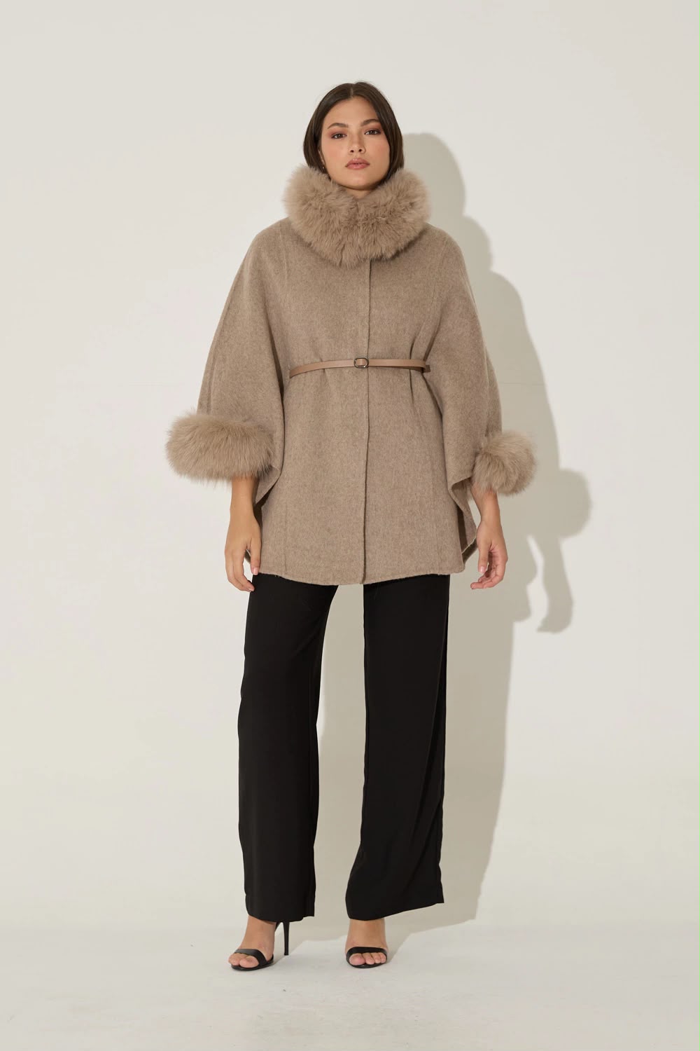 Loro Piana Cashmere Cape with Fox Fur Trim and Belt
