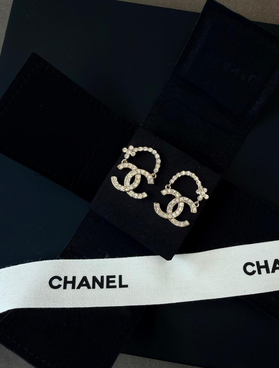 Chanel Crystal CC Flower Hoop Earrings