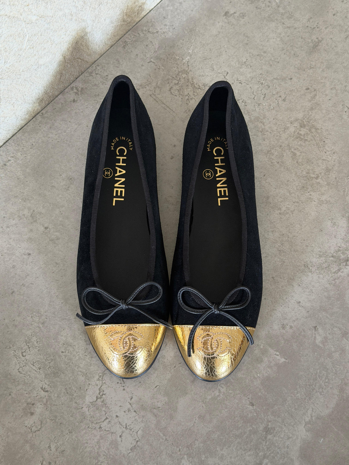 Chanel Black & Gold Cap-Toe Ballet Flats with Bow & CC Logo