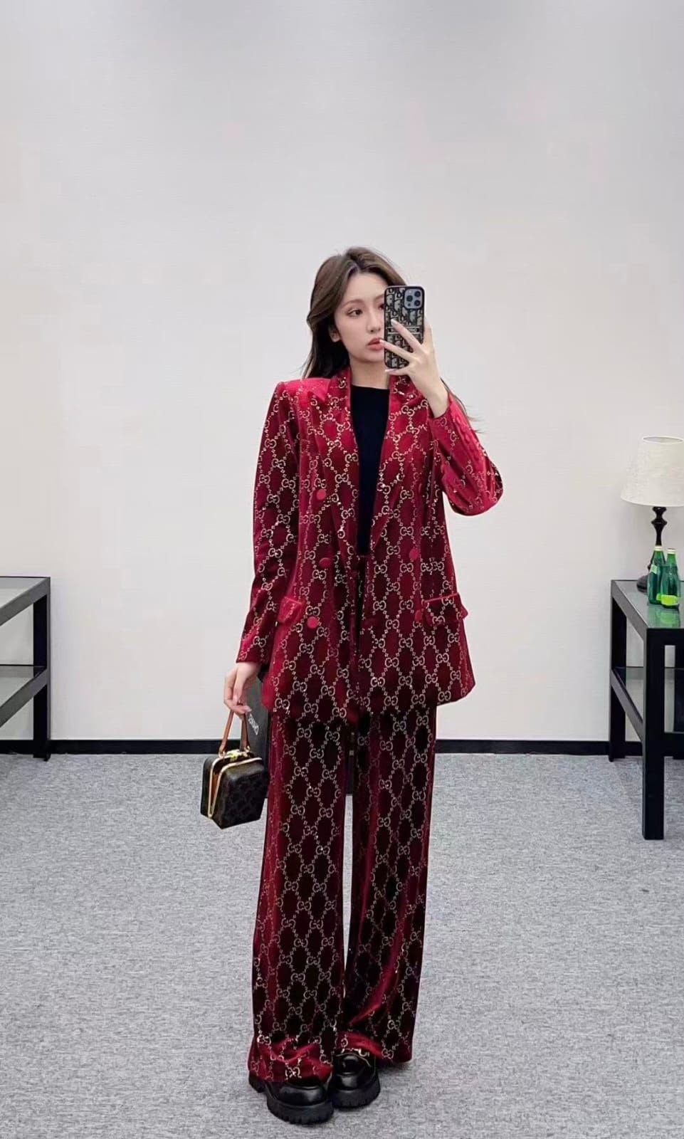 Gucci GG Velvet Double-Breasted Jacket and Trousers Suit Set