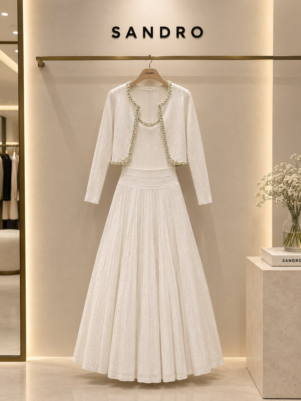 Sandro White Sleeveless Knit Maxi Dress with Pearl-Embellished Neckline