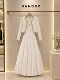 Sandro White Sleeveless Knit Maxi Dress with Pearl-Embellished Neckline