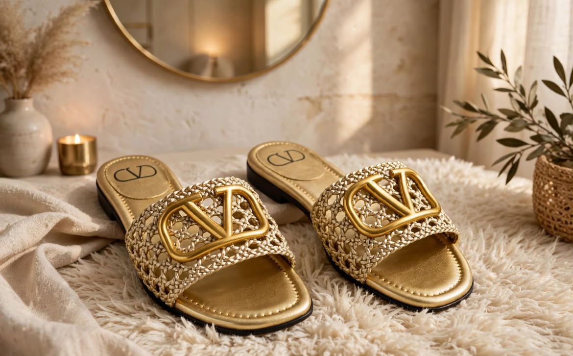 Valentino Garavani VLogo Signature Woven Straw Slide Sandals