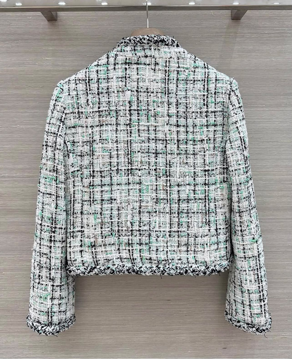 Chanel Light Mint Green & Black Plaid Tweed Fringe Trim Jacket