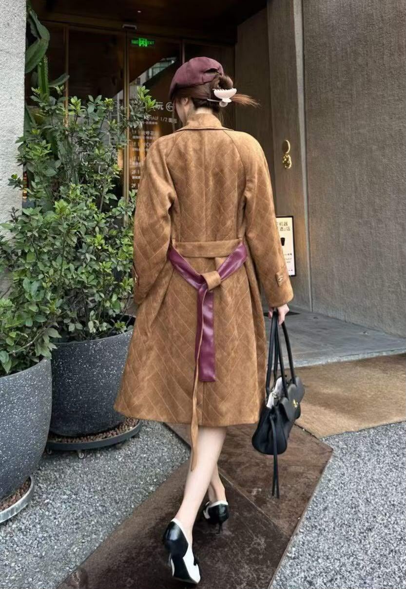 Chanel Suede Quilted Long Trench Coat with Belt)