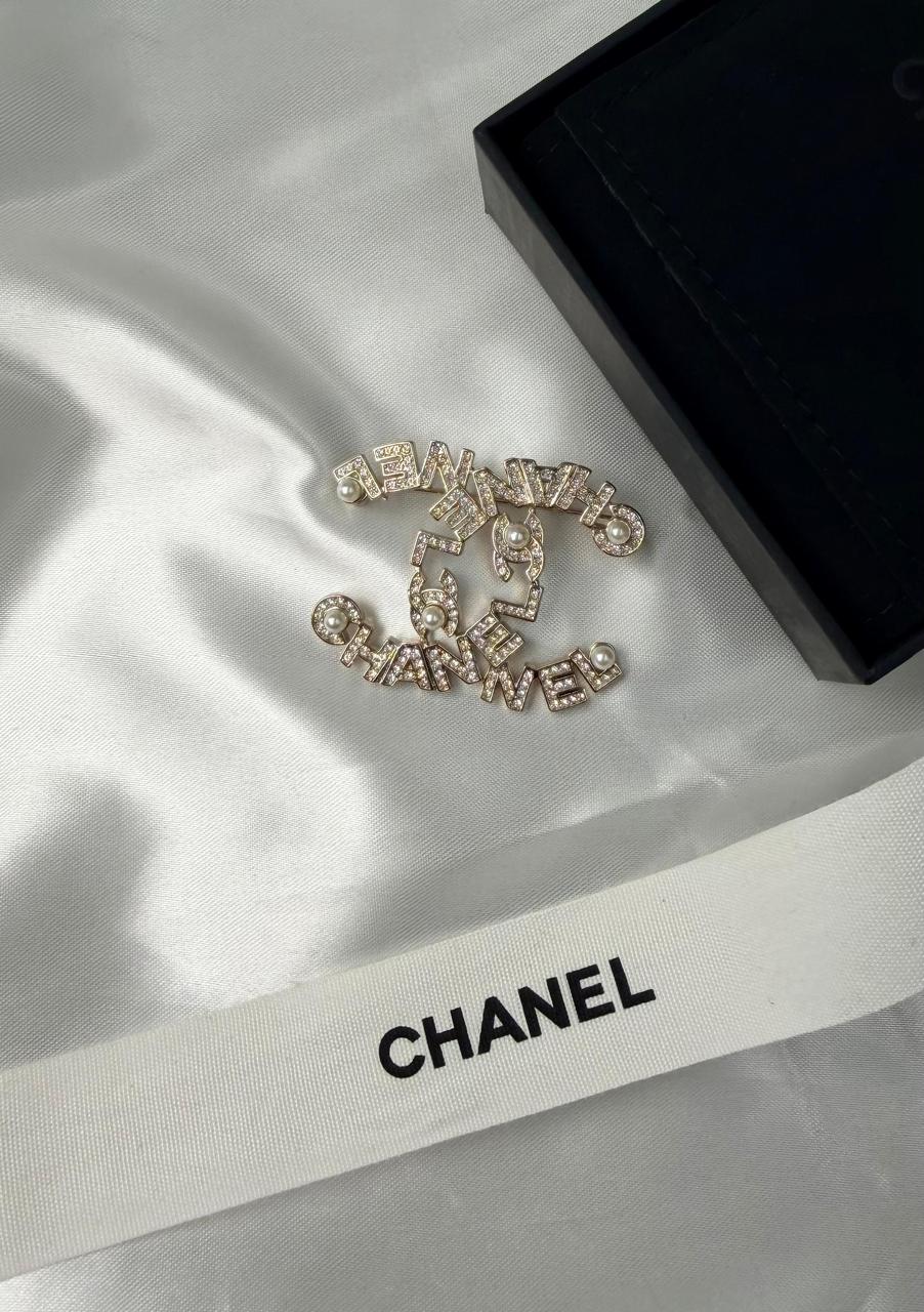 Chanel Crystal Pearl Letter Logo Brooch