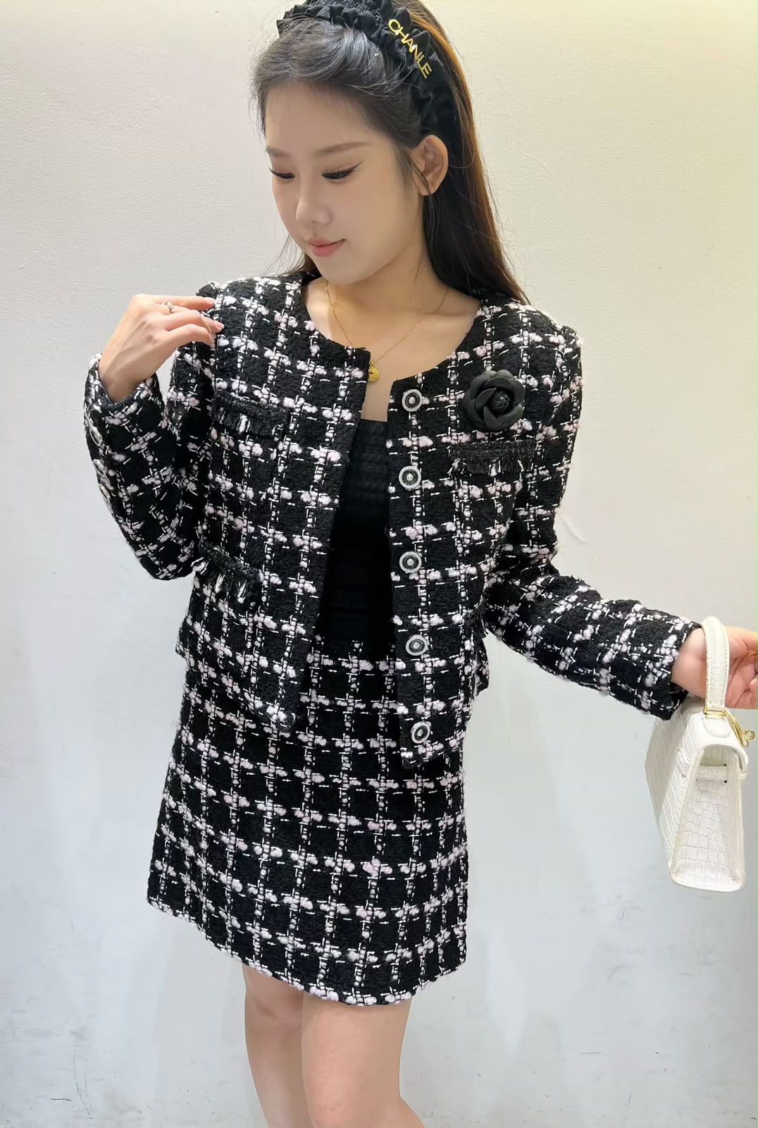 Chanel Tweed Jacket and Skirt/Shorts Set with Camellia Brooch