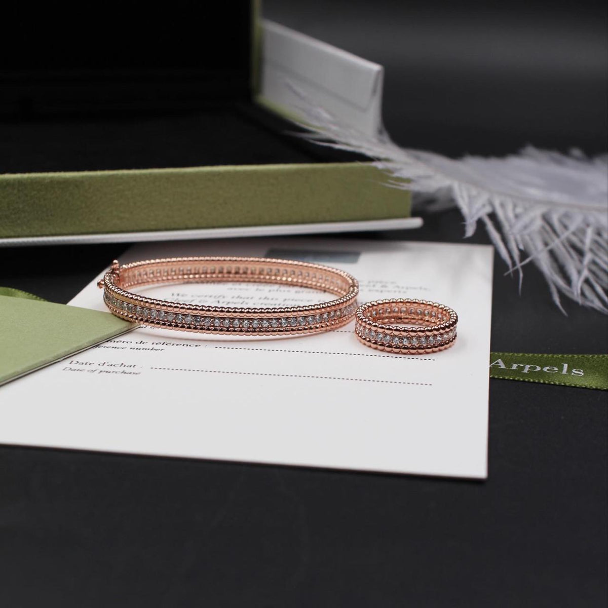 Van Cleef Beaded Stone Row Rose Ring and Bracelet Set