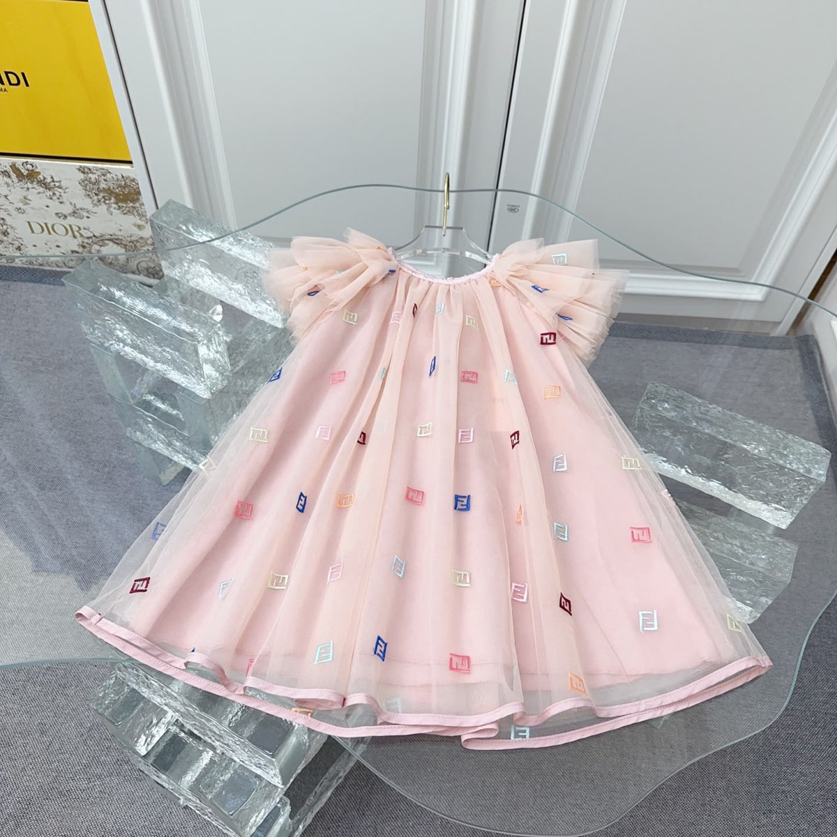 Fendi Kids Embroidered Logo Flutter Tulle Dress