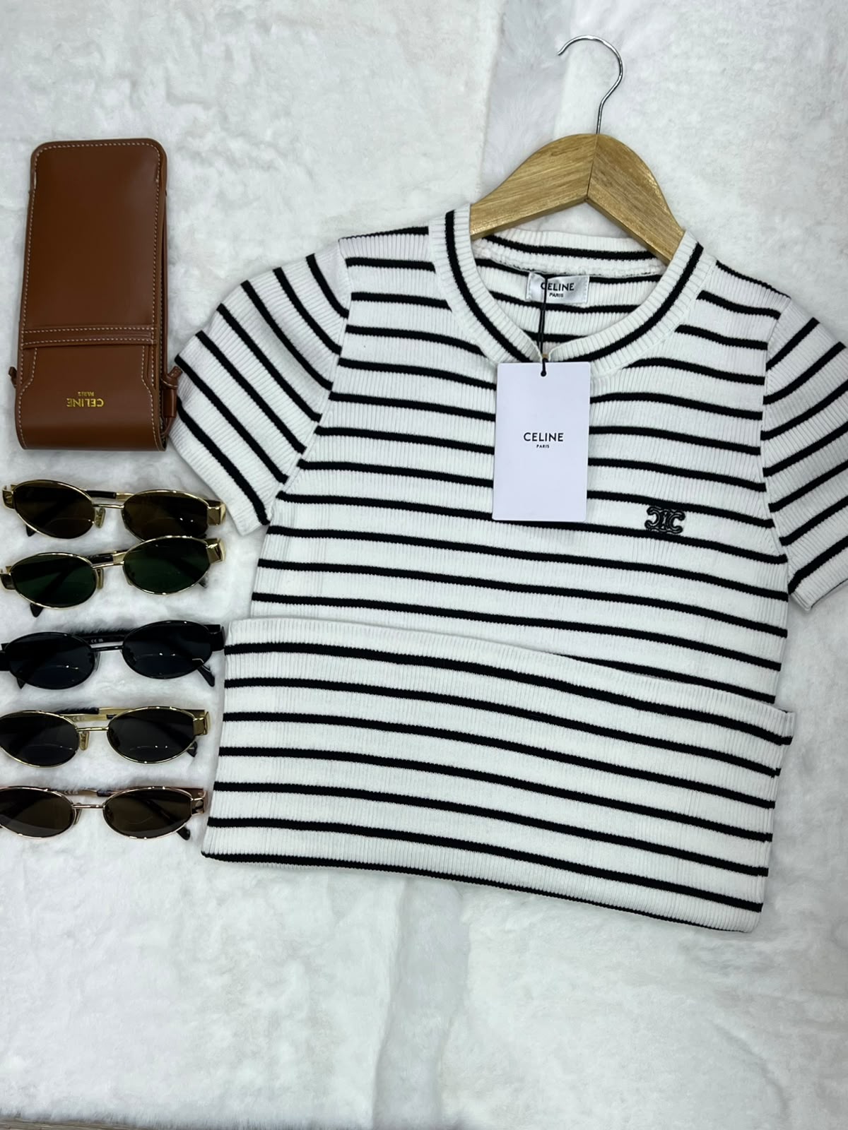 Celine Triomphe Striped Ribbed Knit Top