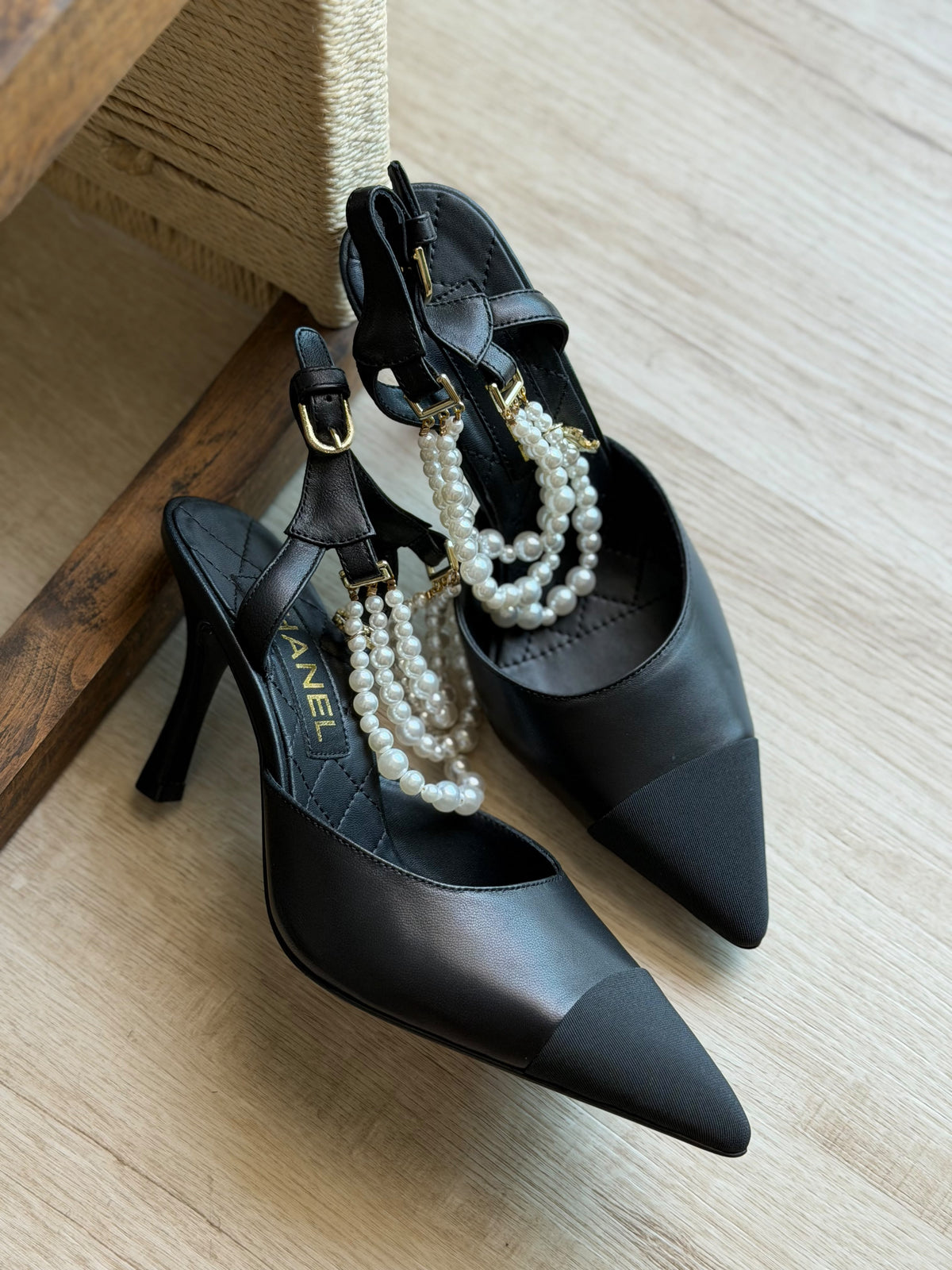 Chanel Two-Tone Slingback Heels with Pearl Strap