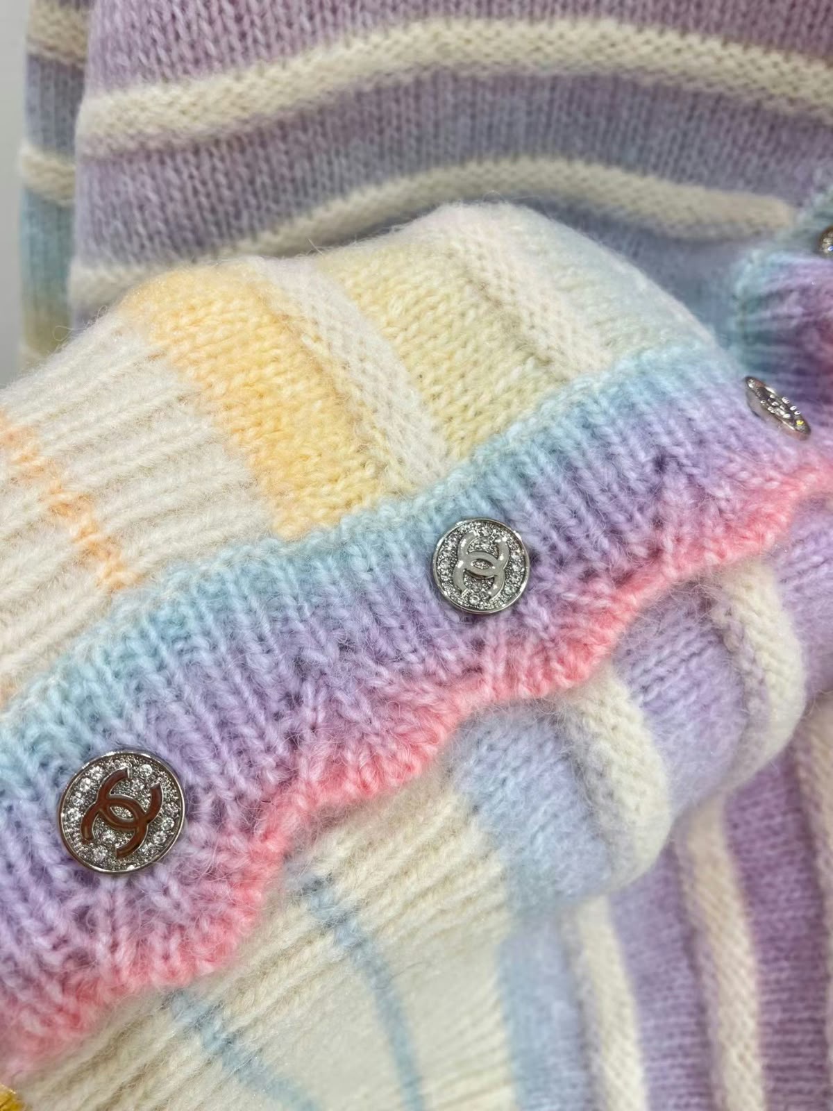 Chanel Pastel Rainbow Striped Knit CC Logo Cardigan