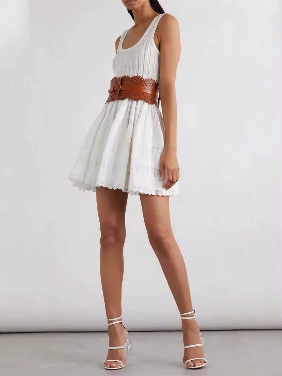 Alaïa White Summer Dress with Pearl Necklace