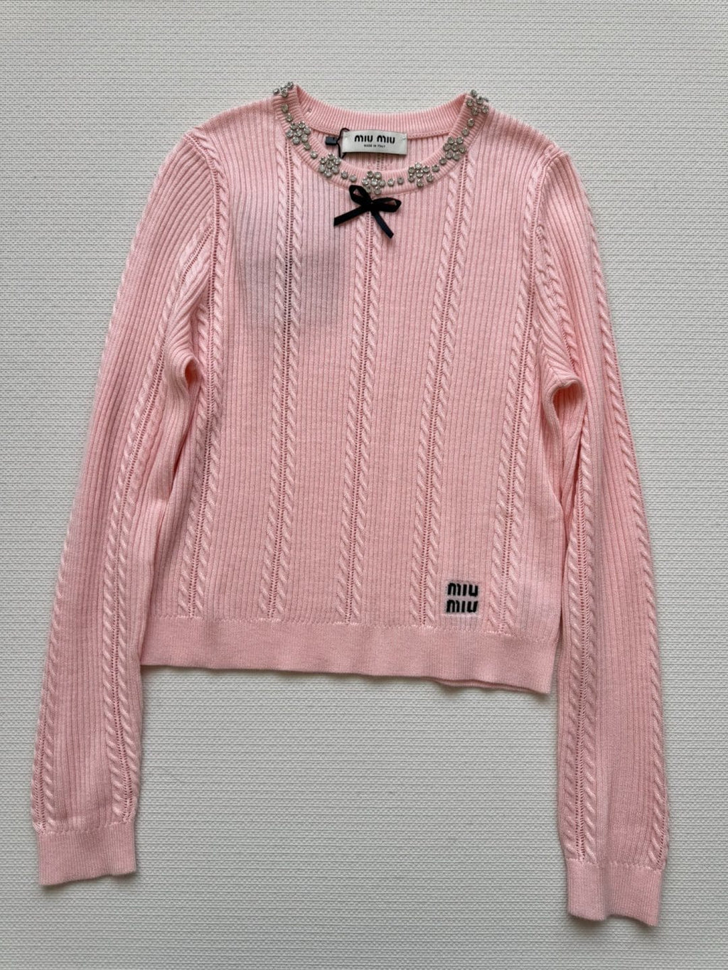 Miu Miu Crystal-Embellished Bow Cable-Knit Sweater