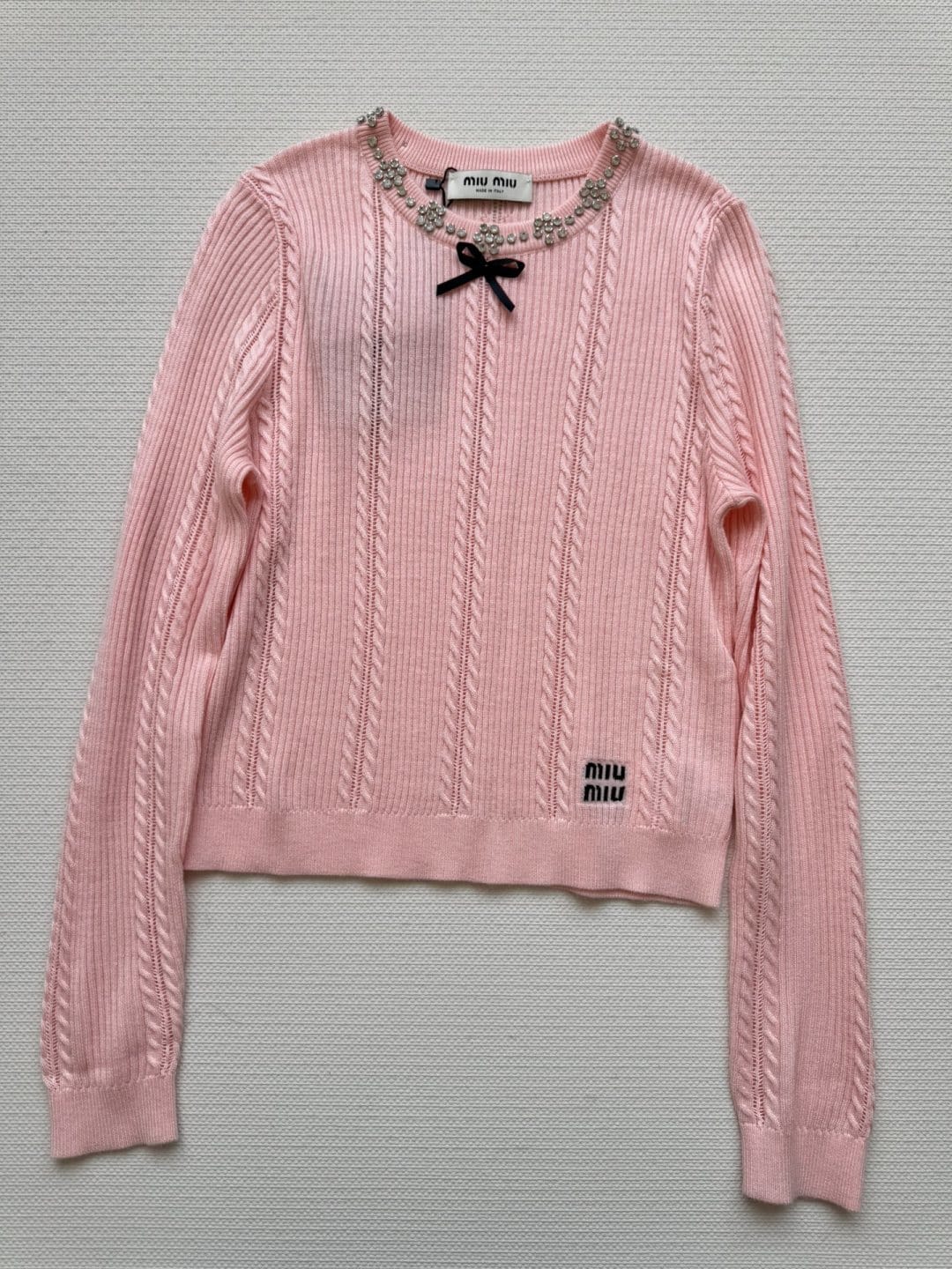 Miu Miu Crystal-Embellished Bow Cable-Knit Sweater