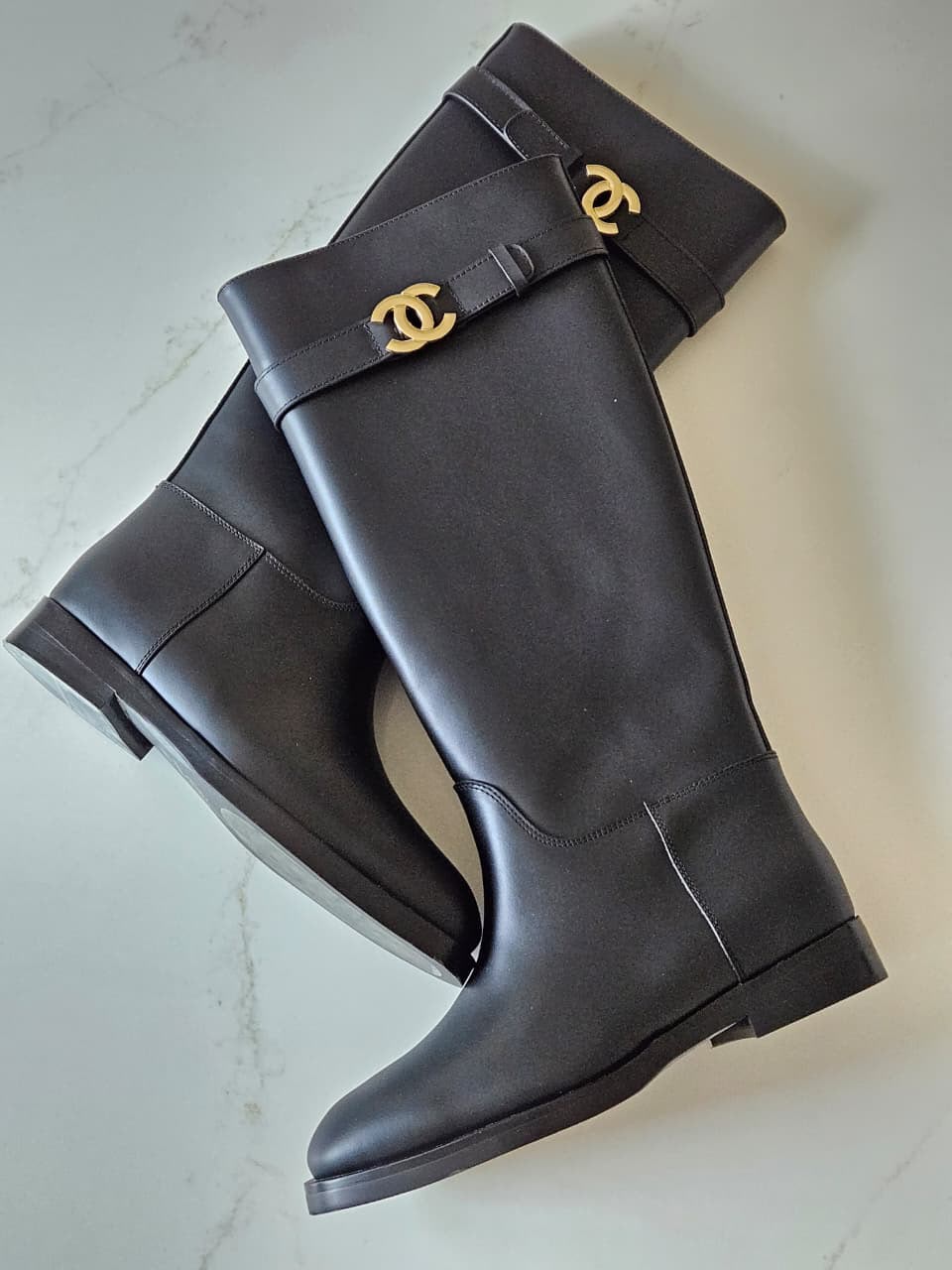 Chanel Black Leather Tall Boot with Gold CC Logo Buckle