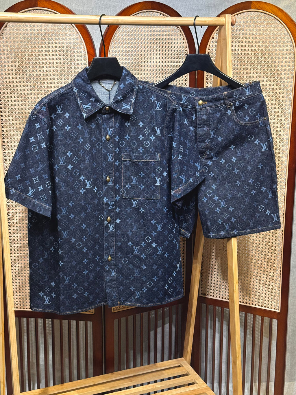 Louis Vuitton Navy Monogram Denim Shirt and Shorts Set