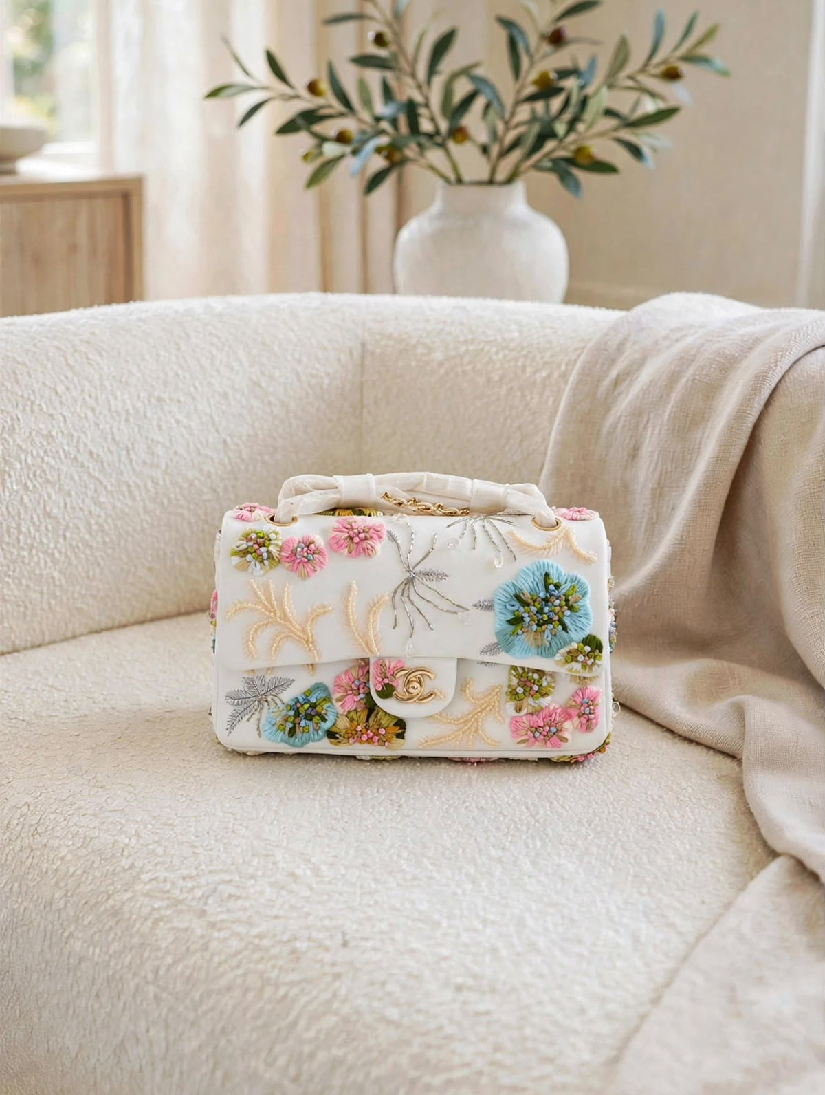 CHANEL Floral Embroidered Top Handle Flap Bag