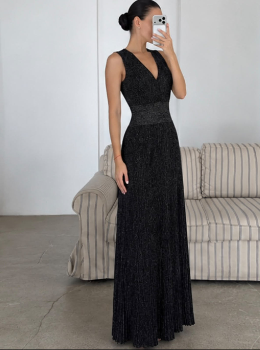 Alaïa V-Neck Ribbed Knit Gown Dress