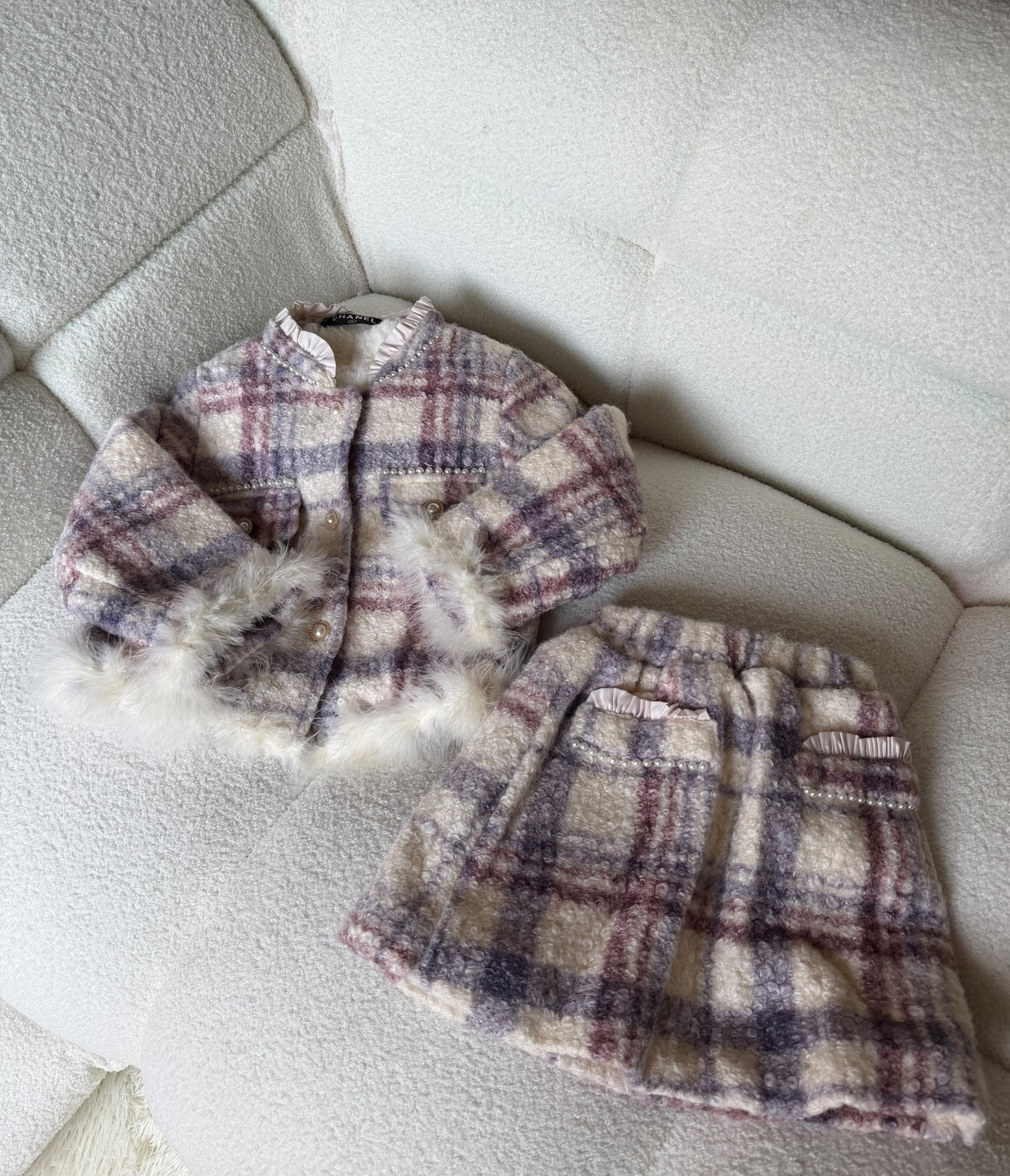 Chanel Kids Pastel Check Feather Trim Skirt Set