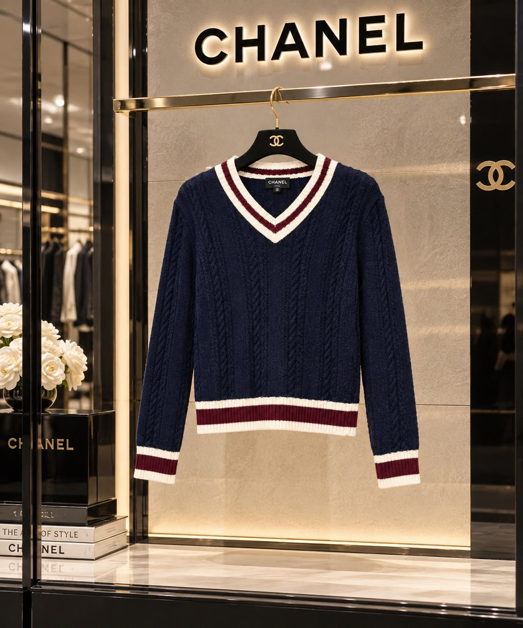 CHANEL Cable-Knit V-Neck Sweater