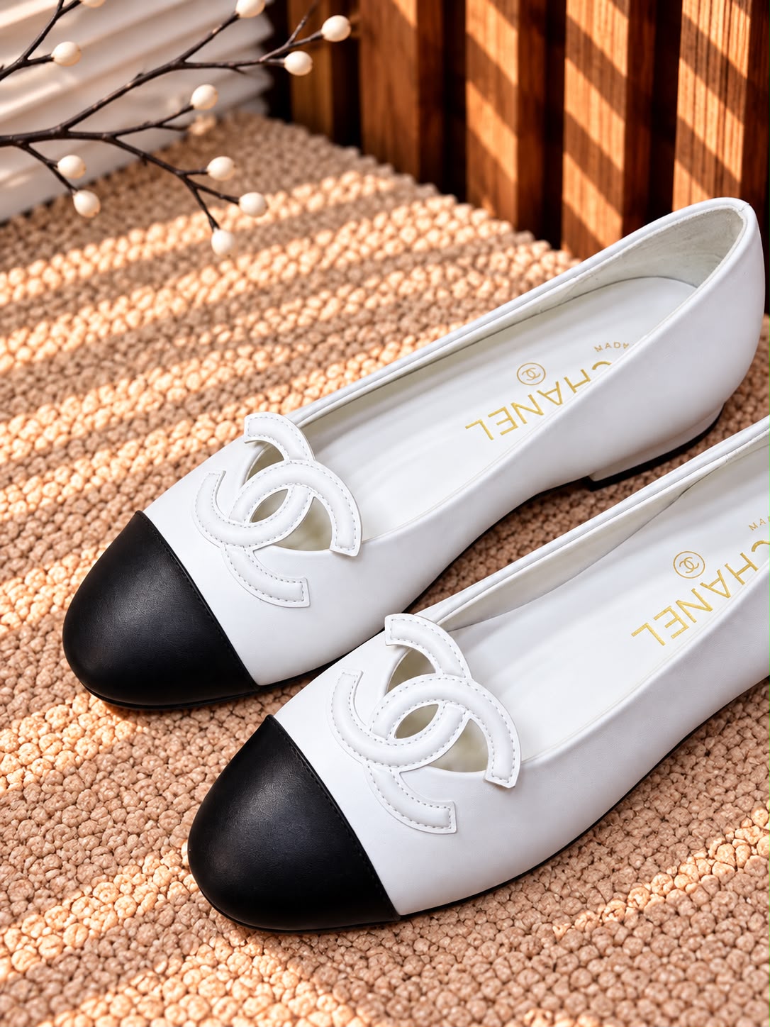 Model: Chanel Two-Tone Leather Ballet Flats with CC Logo
