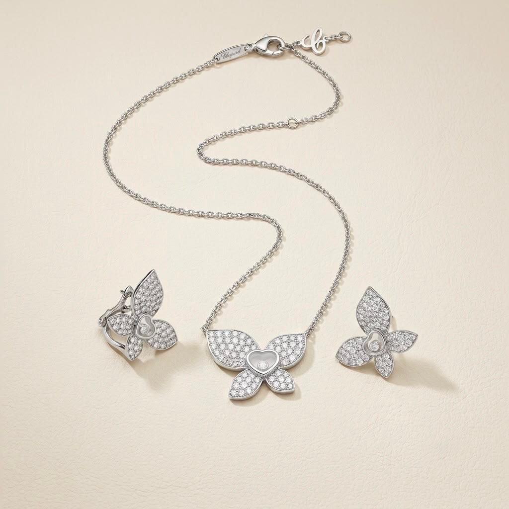 Chopard Happy Diamonds Butterfly Necklace & Earrings Set — White-Tone Metal with Pavé-Set Stones and Heart-Shaped Floating Diamond Details.