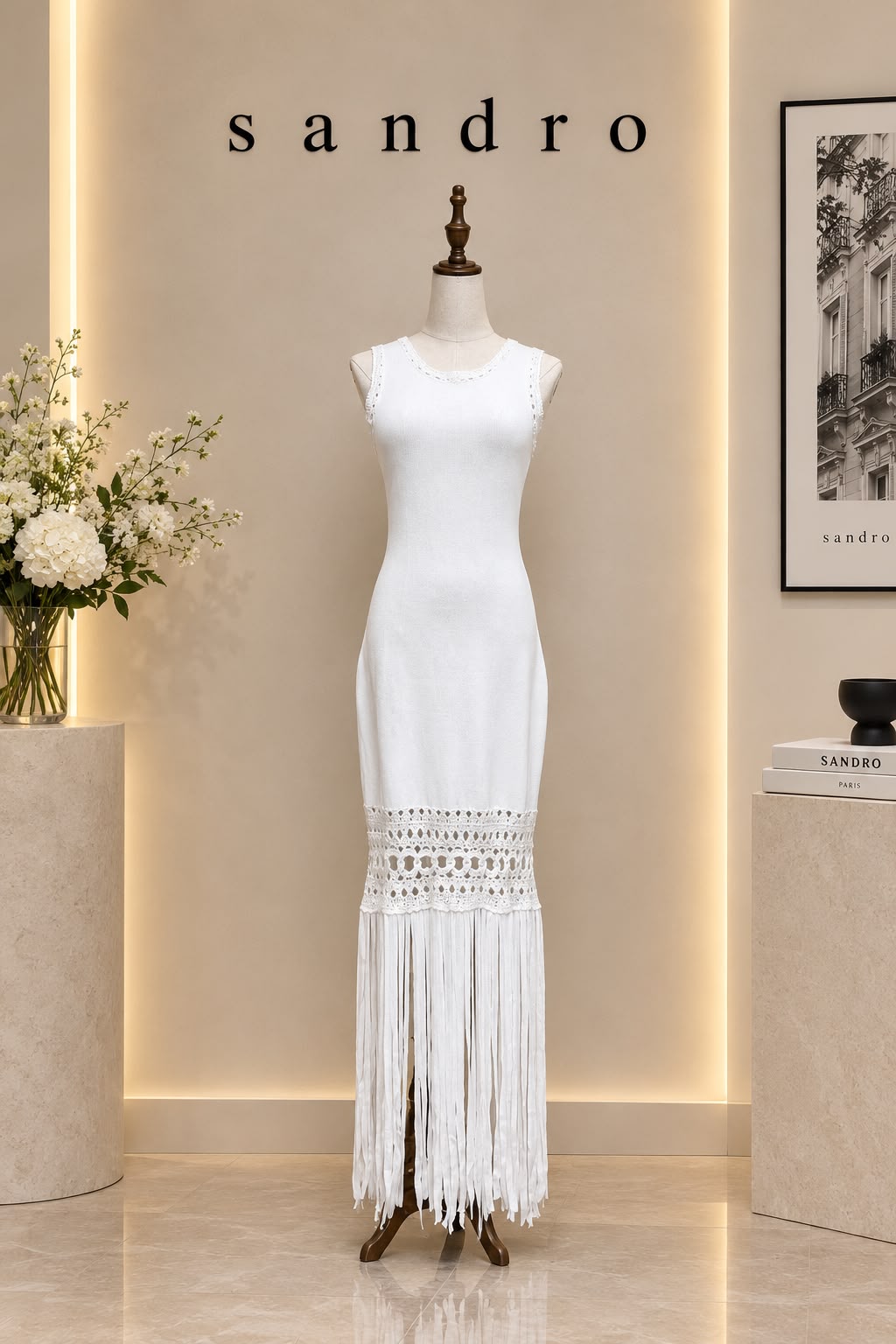 Sandro Sleeveless Openwork Cutout Fringe Hem Knit Maxi Dress Collection