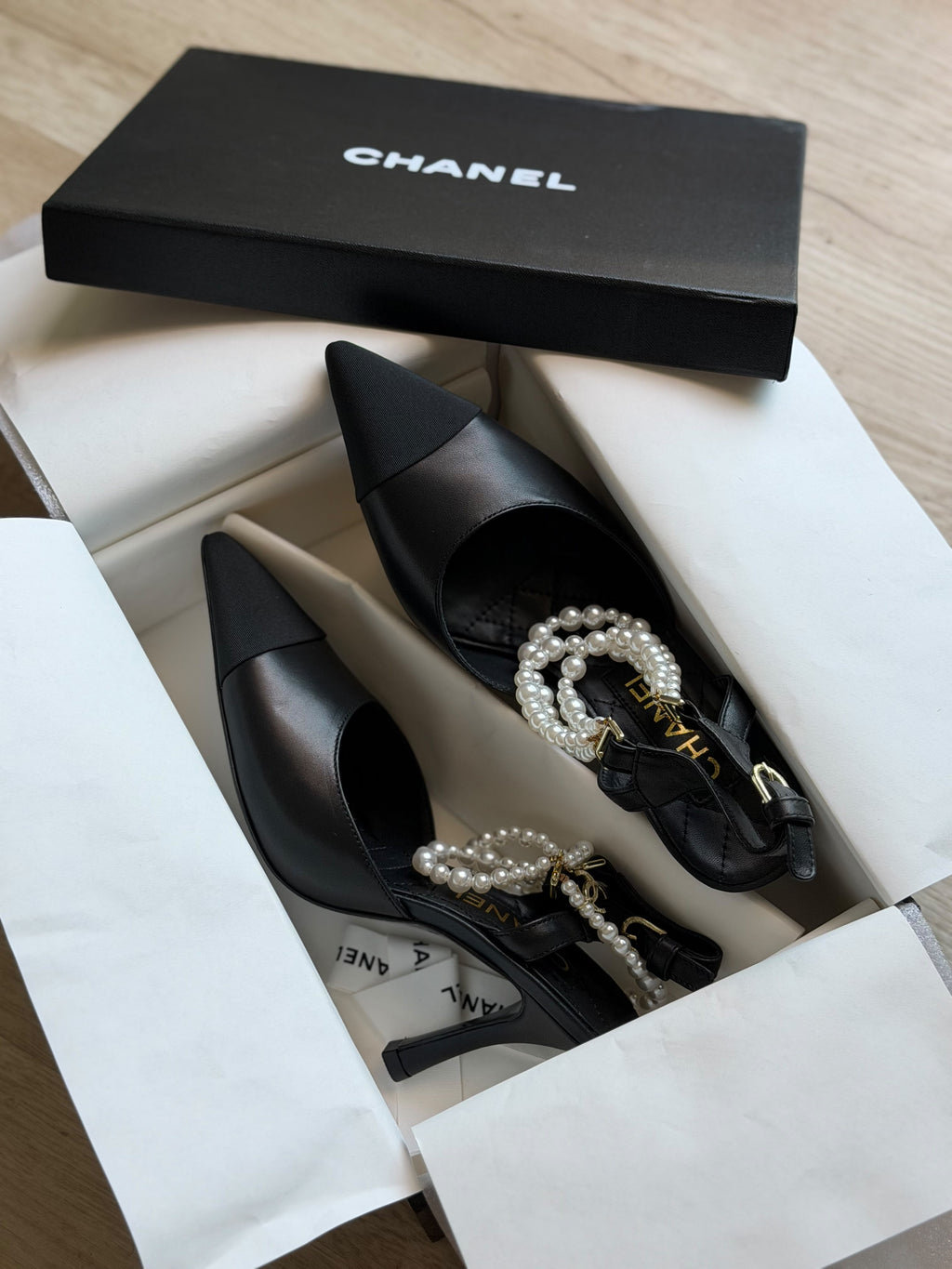 Chanel Two-Tone Slingback Heels with Pearl Strap
