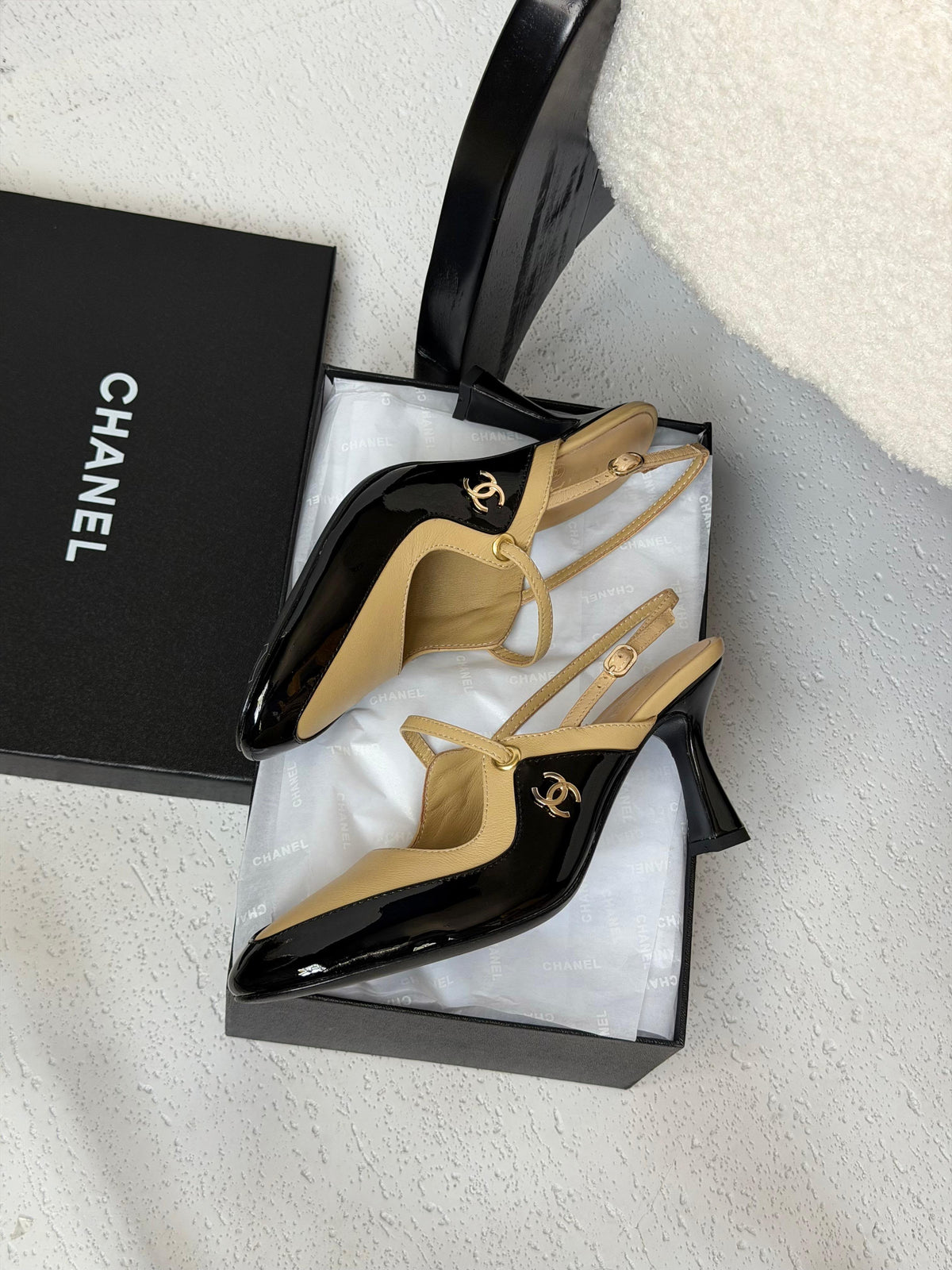 Chanel Two-Tone Patent and Leather Slingback Heels with T-Strap and CC Logo