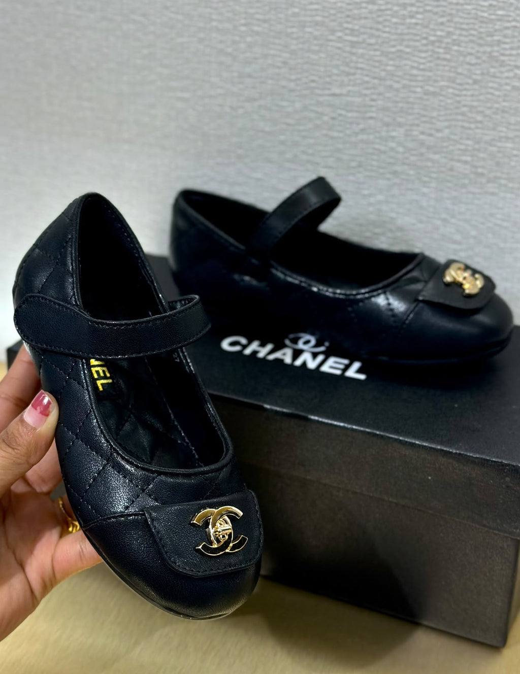 Chanel Kids Black Quilted Strap Ballerinas