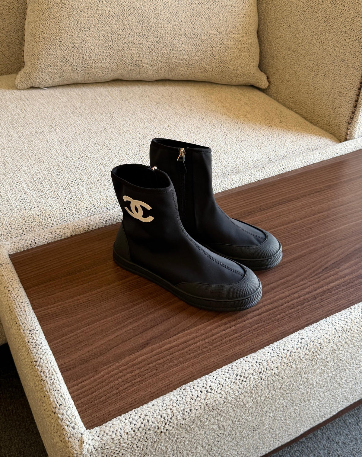 CHANEL Black Fabric & Stretch Ankle Boots