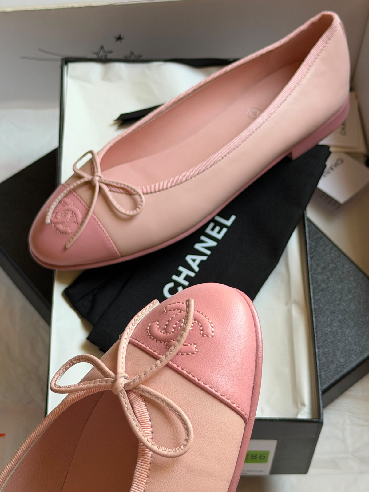 Chanel Two-Tone Pink Leather Ballet Flats with Bow & CC Logo