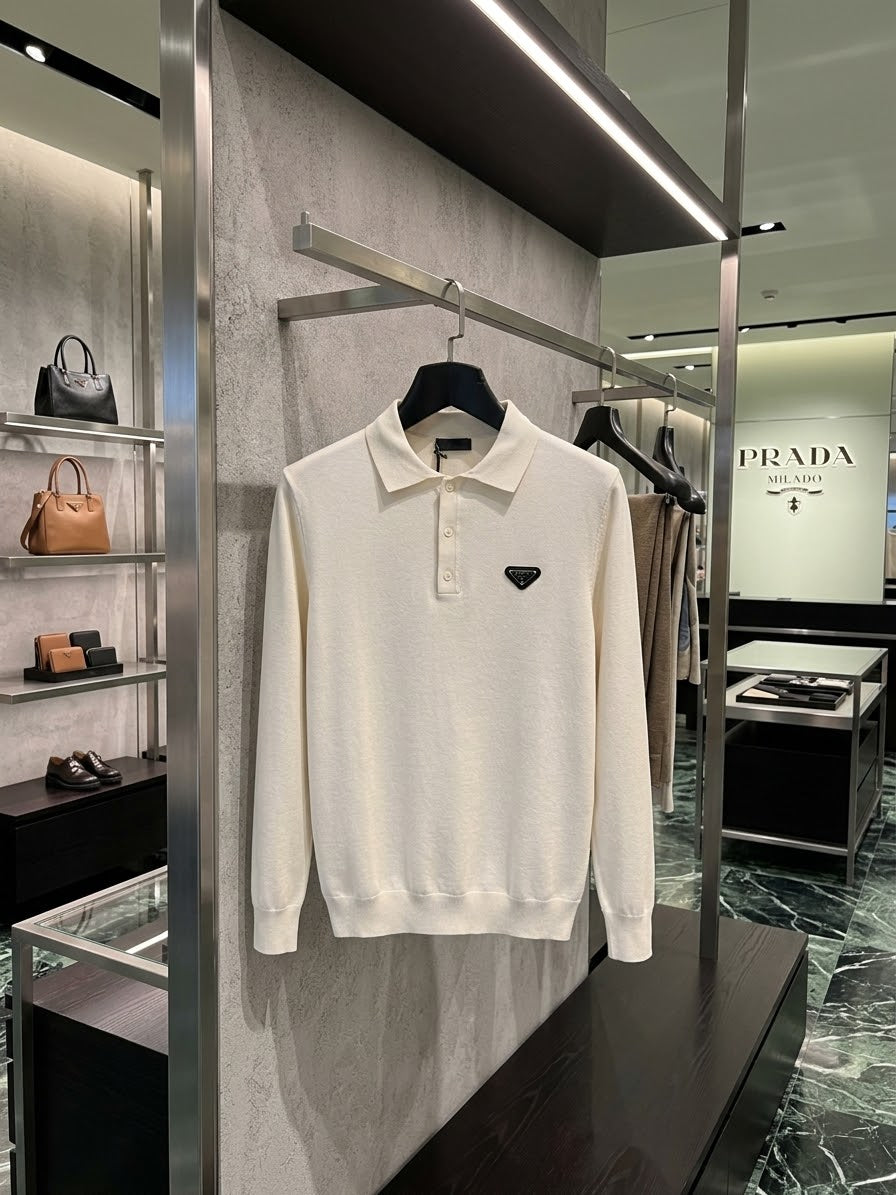 Prada Triangle Badge Button Long Sleeve Polo