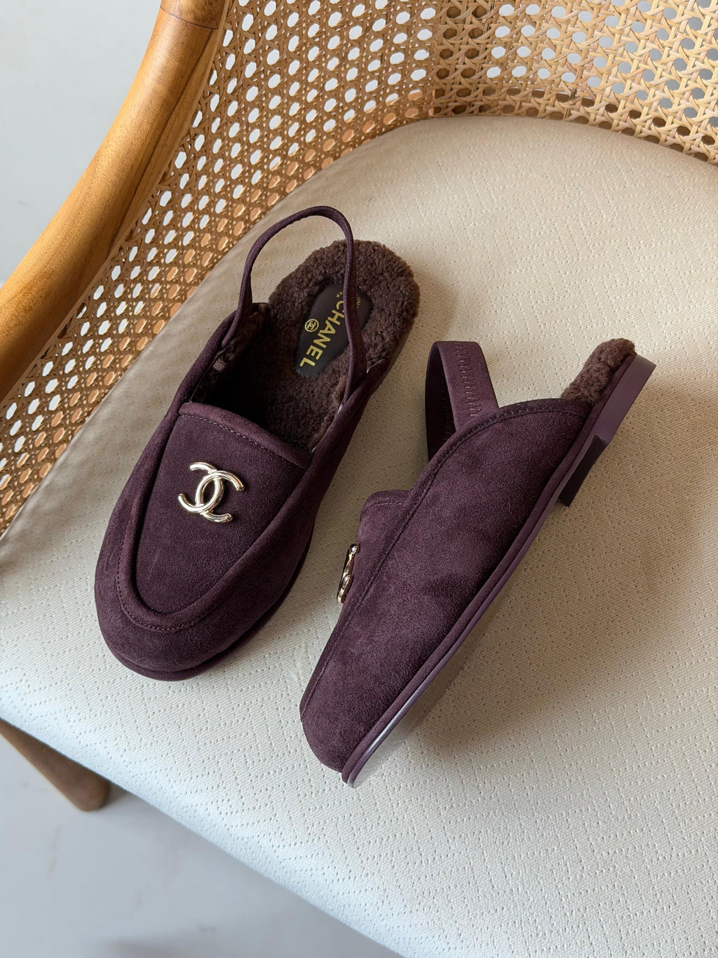 Chanel Shearling-Lined Loafer Mules with CC Logo