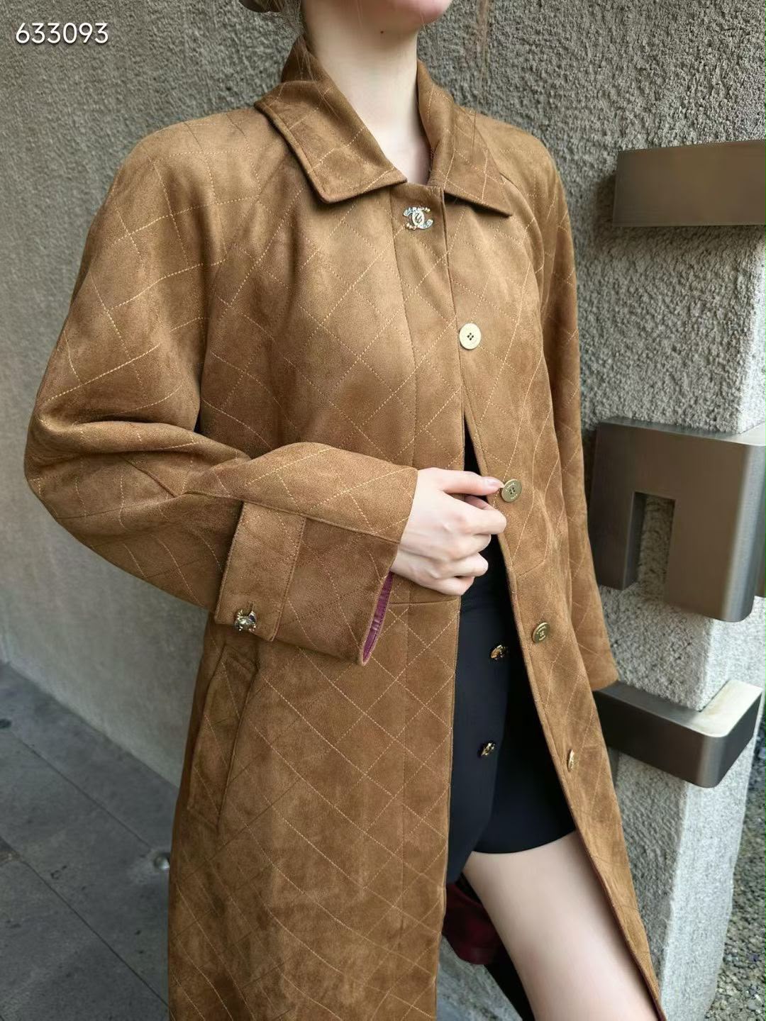 Chanel Suede Quilted Long Trench Coat with Belt)