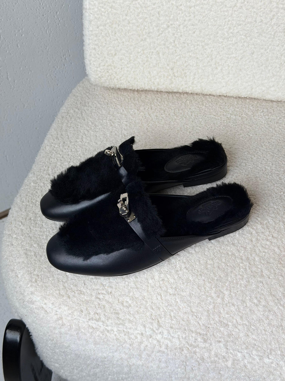 HERMES Fleece-Trim Mule Flats