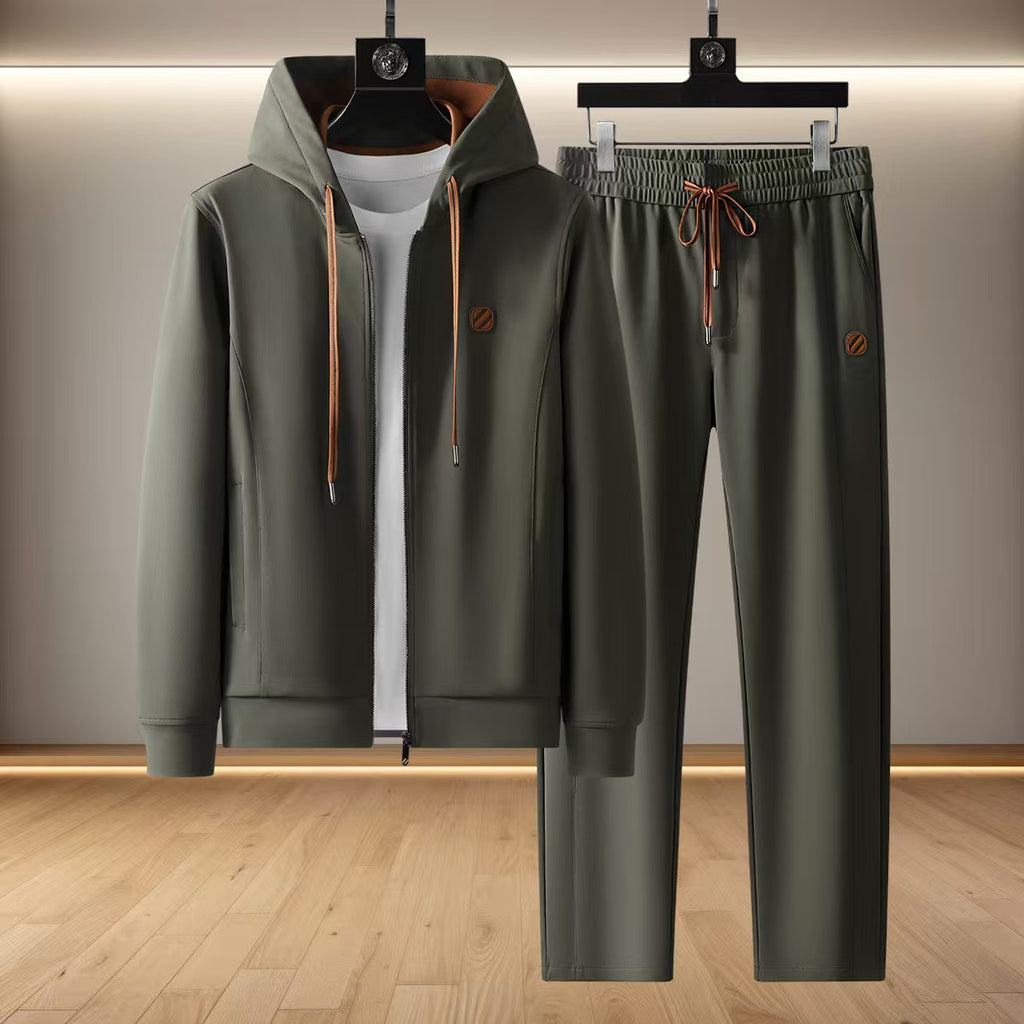 Contrast Drawstring Zip Hoodie and Trousers Set