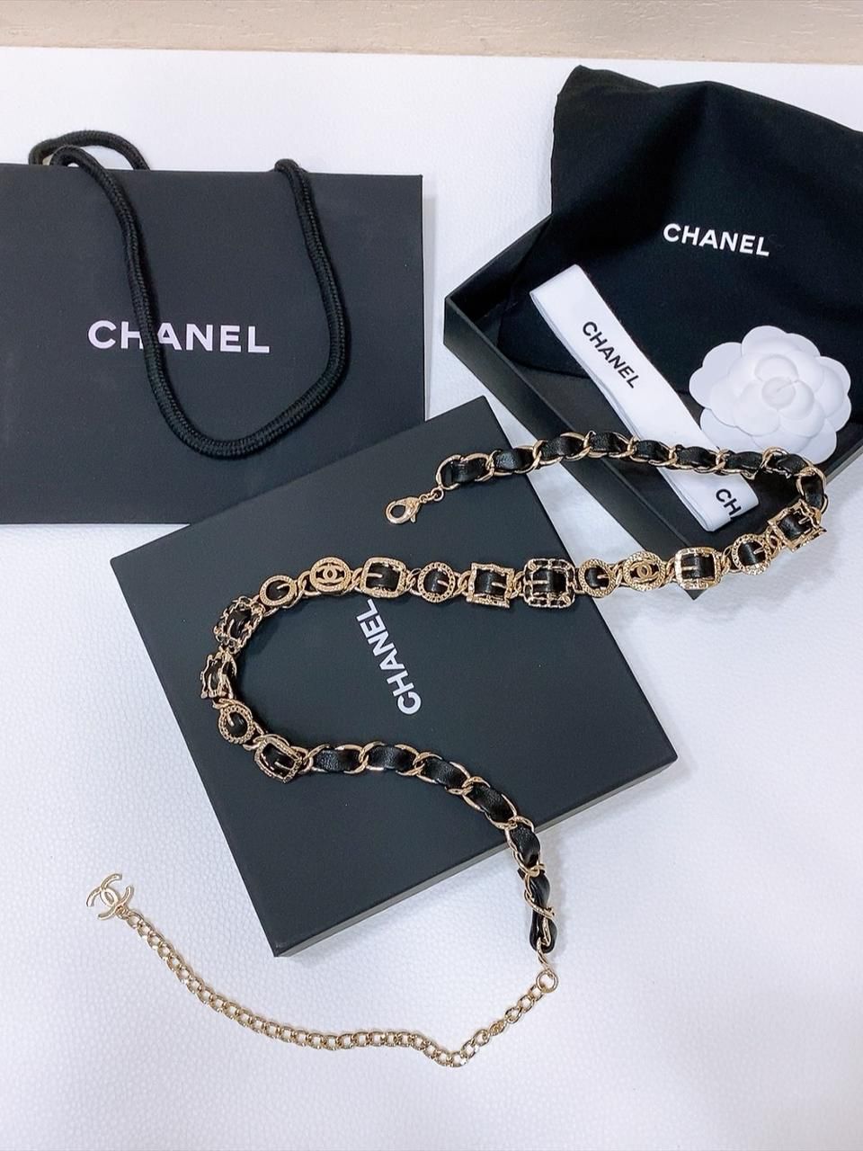CHANEL Gold-Tone CC Leather Chain Belt