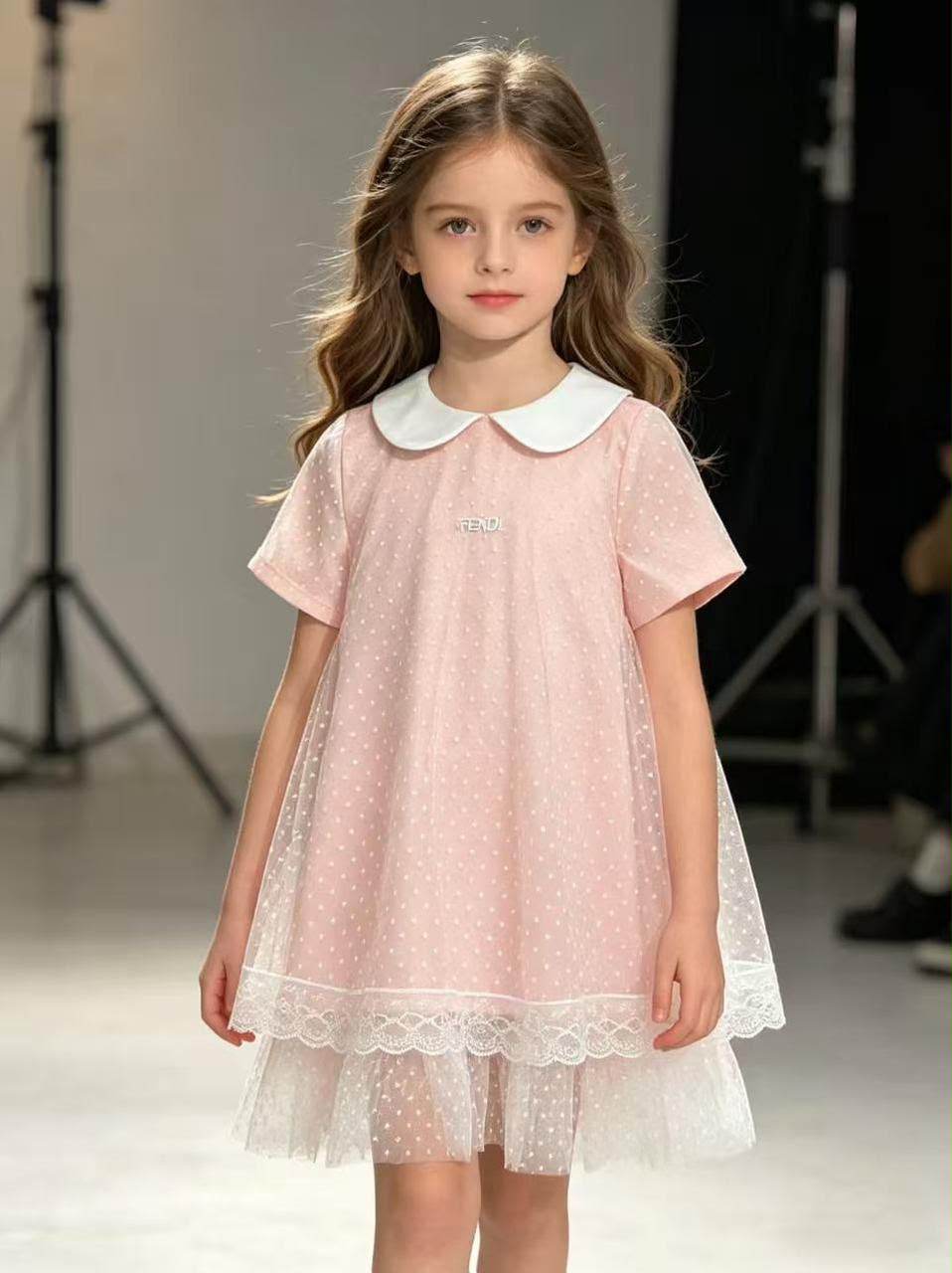 Fendi Kids Pink Dotted Tulle Collar Dress