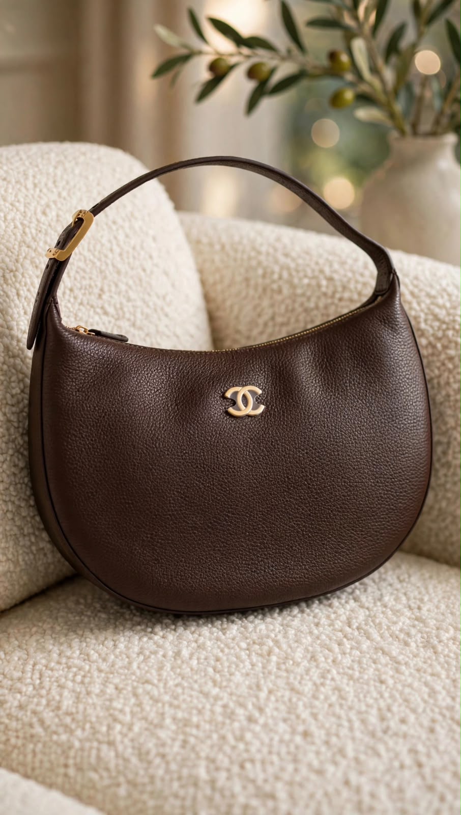 Chanel Grained Leather Crescent Hobo Shoulder Bag