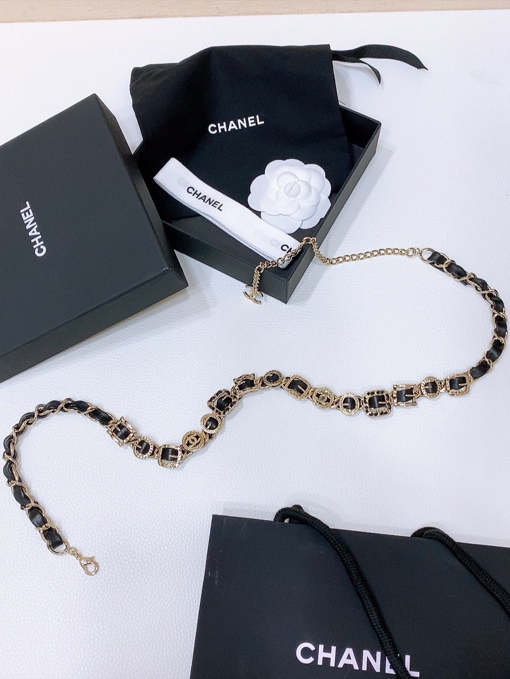 CHANEL Gold-Tone CC Leather Chain Belt