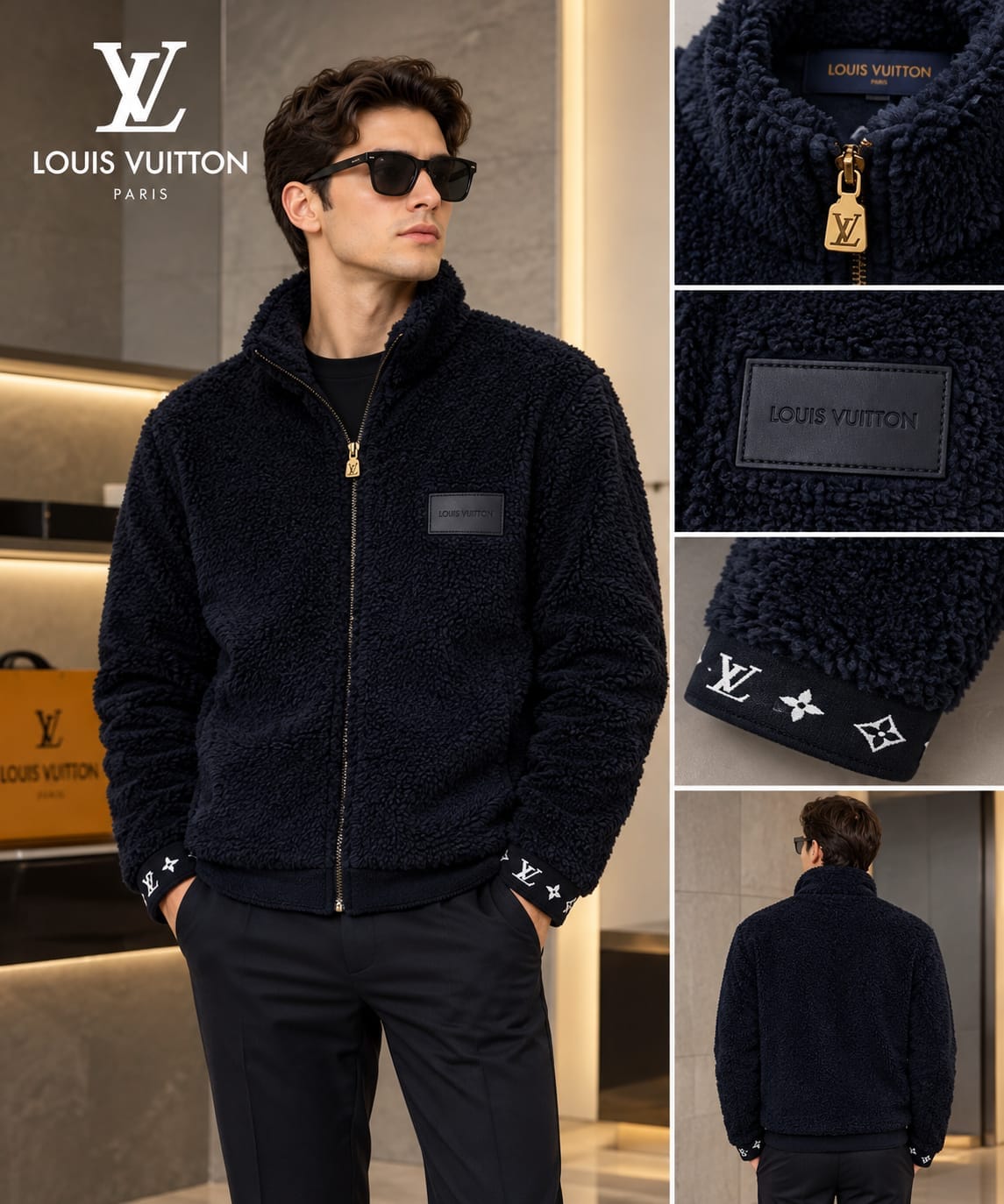 LV Men Monogram Cuff Teddy Zip Jacket